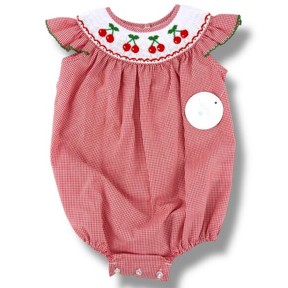 Edgehill Collection Cherry Smocked Bishop Bubble Romper Baby Girl Sz 3 Mos - Picture 1 of 5